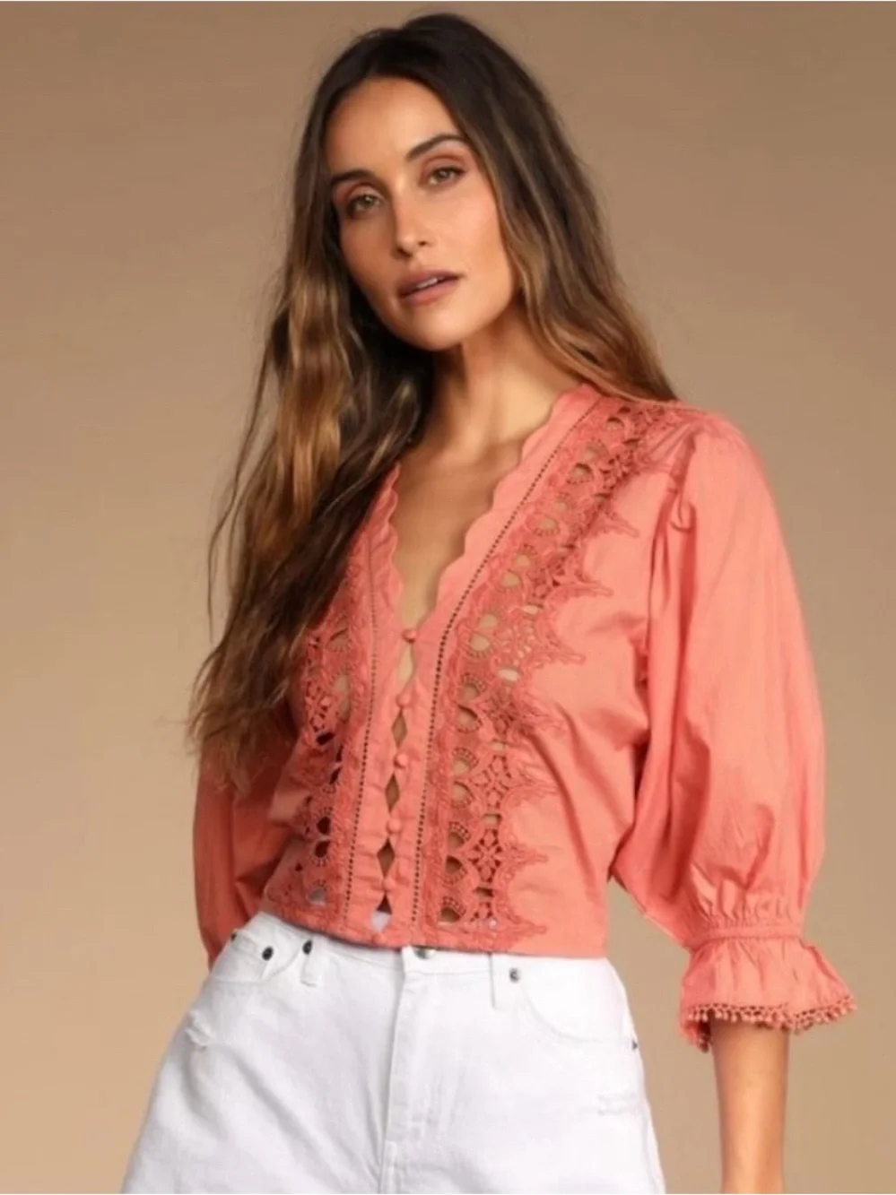 Free People Coral Lace-Trim Button Front Blouse